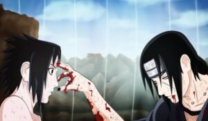 What does the touch on the forehead between Itachi and Sasuke signify?