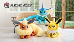 Introducing the new oversized plush versions of Vaporeon, Jolteon, and Flareon now available at the official Pokémon Center in celebration of the Year of Eevee – Pokémon Blog.